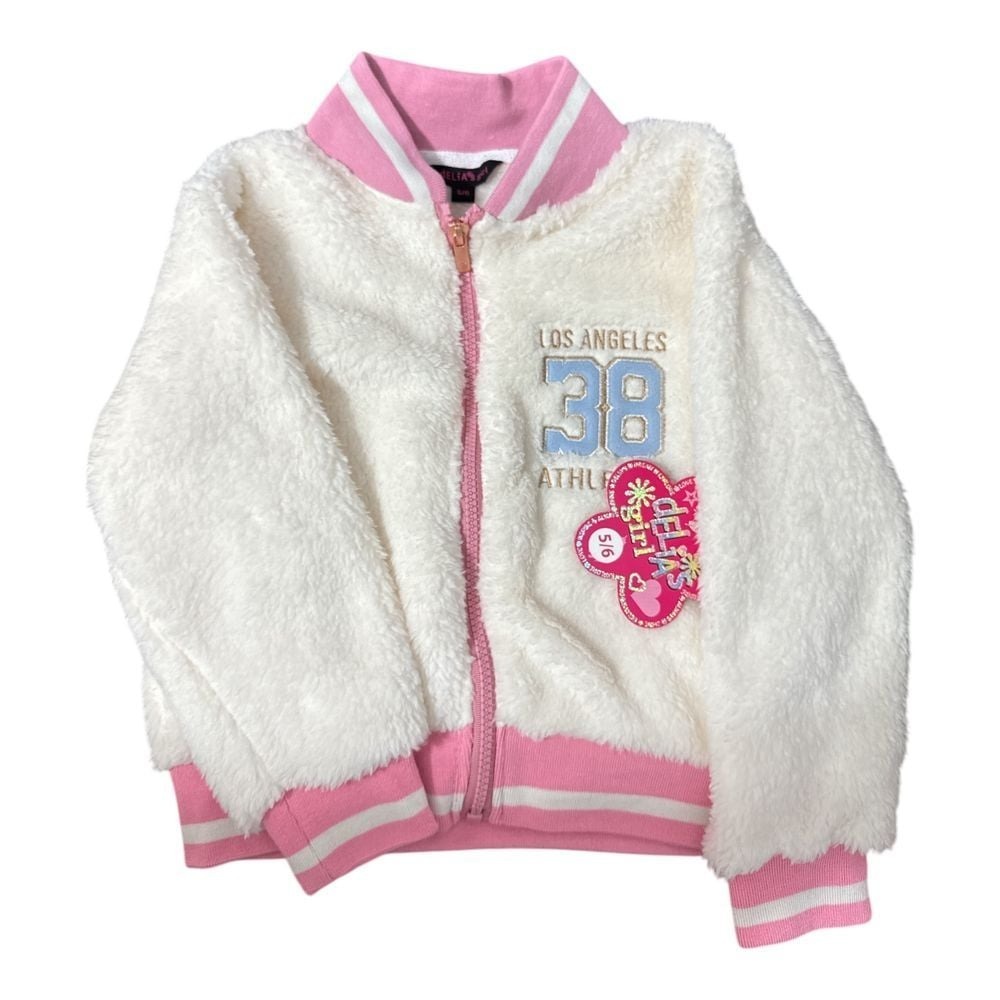 Delia's Girl Fuzzy Los Angeles Athletic Bomber Jacket Pink/Cream Girls Size 5/6